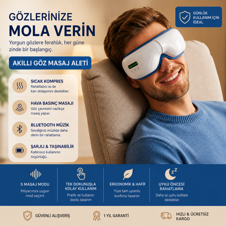 Şarjlı Akıllı Göz Masaj Cihazı – Isıtmalı, Titreşimli, Hava Basınçlı