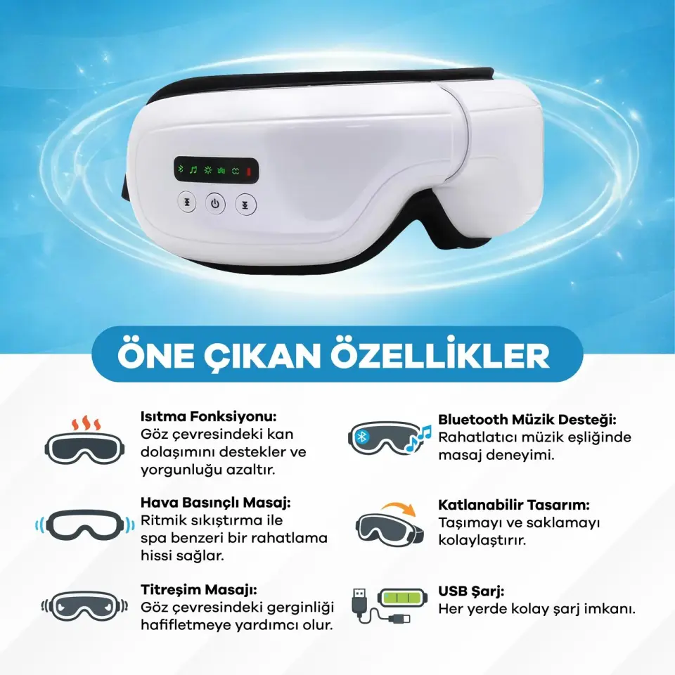 Şarjlı Akıllı Göz Masaj Cihazı – Isıtmalı, Titreşimli, Hava Basınçlı