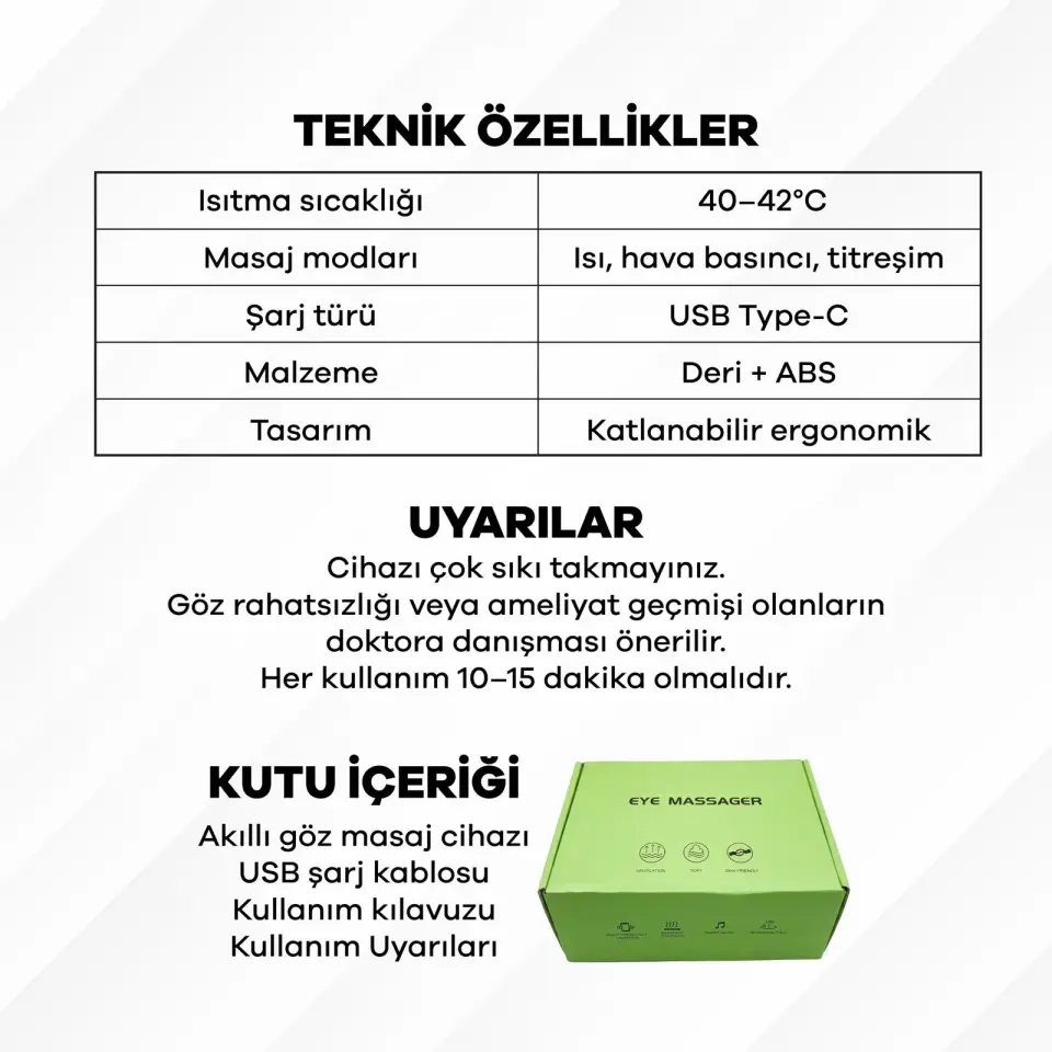 Şarjlı Akıllı Göz Masaj Cihazı – Isıtmalı, Titreşimli, Hava Basınçlı