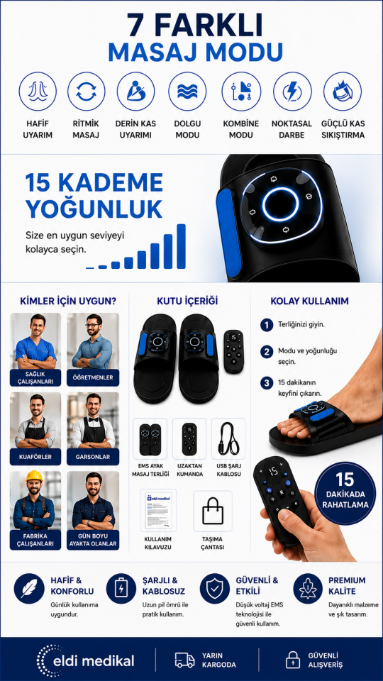 Eldi EMS Ayak Masaj Terliği - 7 Mod 15 Kademe - Yorgunluk Giderici Masaj Aleti