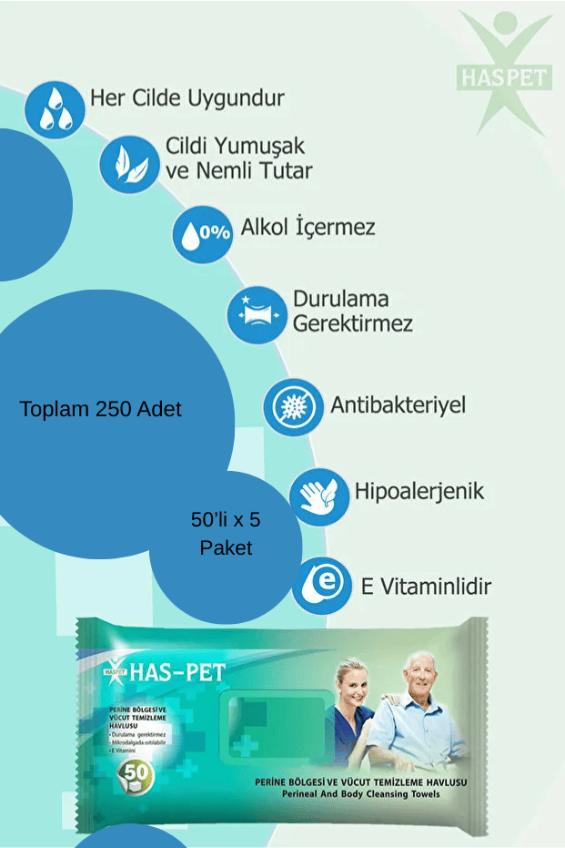 Has-Pet Perine Bölgesi Temizleme Havlusu 50 Li 5 Paket 250 Havlu 30x32 Cm