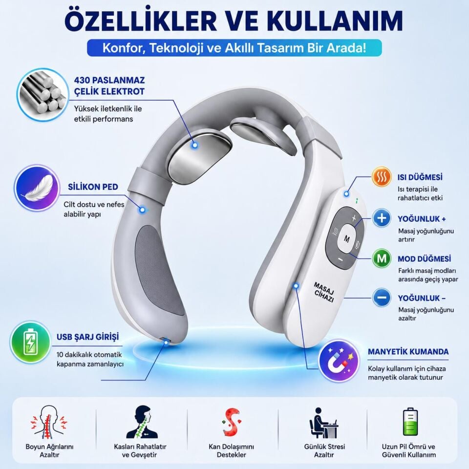 Eldi Akıllı Boyun Masaj Aleti - 6 Modlu Isıtmalı Wellness Teknolojisi