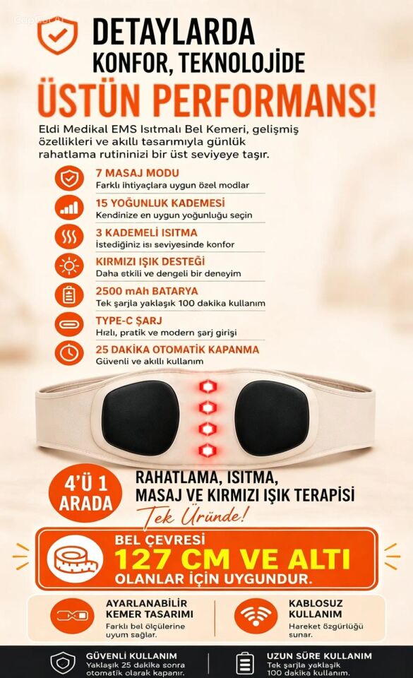 EMS Isıtmalı Bel Masaj Kemeri 7 Mod 15 Seviye Kırmızı Işık Destekli