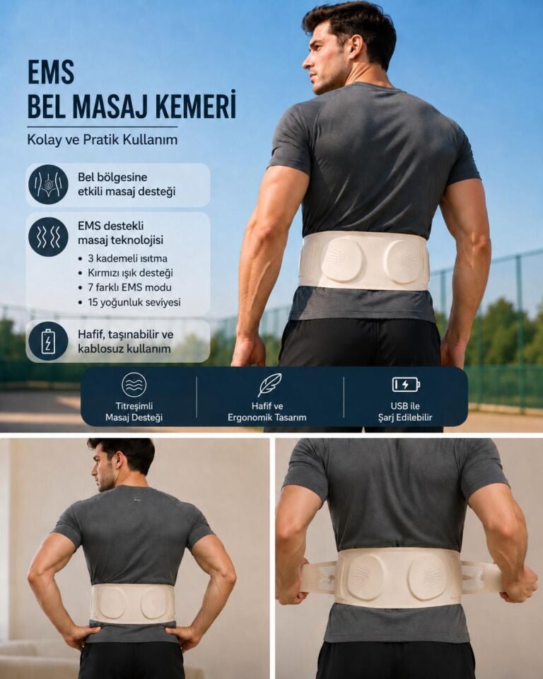 EMS Isıtmalı Bel Masaj Kemeri 7 Mod 15 Seviye Kırmızı Işık Destekli